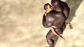 Big black man dominates horny ebony on savage island beach