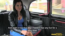 Horny brunette business woman in blue dress cums hard on taxi cock