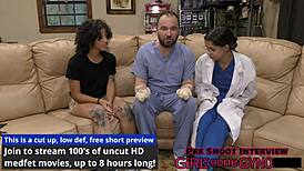 Nicole Luva gets butt naked as Dr. Aria Nicole performs speculum examination with gloves on her natural tits and masturbation.