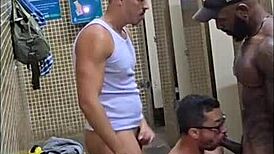 wild sex in the bus terminal bathroom with bareback action