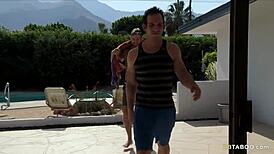 family taboo threesome with muscular bodybuilders getting oiled massage and assfucking