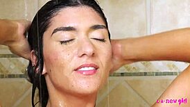 Cute brunette transforms shower into steamy play. Her petite frame seduces on the sofa with ease.