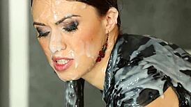 bootylicious lesbian babe gets drenched in cum after strapon play