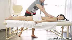 Shaved russian teen gets hardcore massage turning into intense fucking