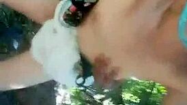 Super bold outdoor queen Mei Na picks up guy on park bench for blowjob, then standing fuck in woods with creampie 😏