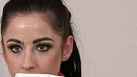 Nasty centerfold gets sperm shot on her face swallowing all the jism