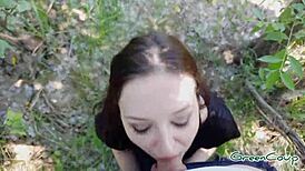 Petite slut sucks in hidden woods