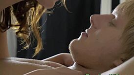 Cum sprays all over that sexy teen's small tits!