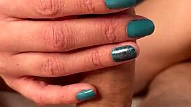 my girlfriend gives a close-up handjob to me, her blonde babe with small tits, leading to cumshot on day 45.