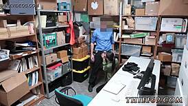 Asian woman in police uniform gives hardcore interracial blowjob while discussing habitual theft