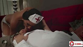 Brunette nurse strips, dances seductively, then bends over for intense doggystyle fucking with ripped clothes.
