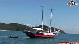 i fucked that busty black haired babe on the boat in anal threesome oops