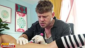 Hot Tattooed Brunette Rides Cock During Tattoo