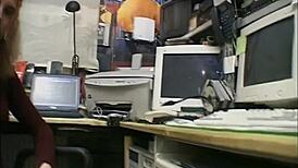 Descriptive Lonely in the office, this blonde teen strips down for solo play with her small tits exposed