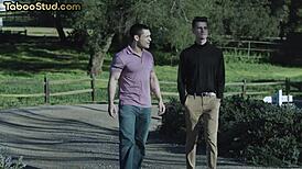 Did hairy stud get barebacked in foot fetish threesome with twinks?