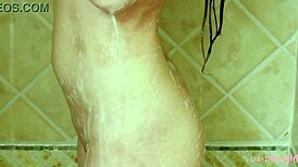 charming brunette model showered after photoshoot interview with father-in-law