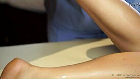 Lesbian ex-lovers Lena Nicole and Jojo Kiss reconnect with steamy touches. Their oiled bodies ignite old flames.