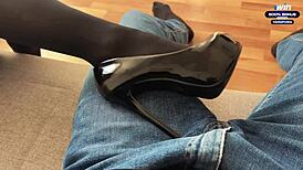 yo, this slutty chick in leather dress bangs a stranger!