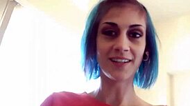 yo, check this emo girl with blue hair givin a pov blowjob and gettin drilled