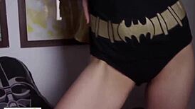 licking his girlfriend's hairy pussy in batgirl costume, deepthroating and muff diving