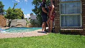 assisting neighbor's wife with pool in outdoor upskirt moment