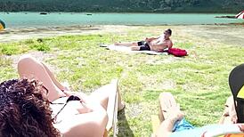 Voyeur jerks off on beach while I touch myself