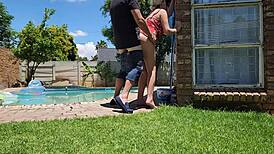 assisting neighbor's wife with pool in outdoor upskirt moment