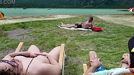 Voyeur jerks off on beach while I touch myself