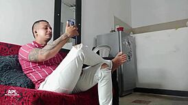 Cheating husband talks to wife while lover sucks him and bangs