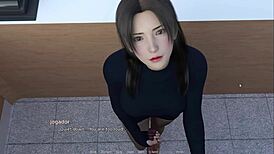 Girl gets handjob behind counter in anime.