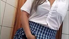 i am a last year student starting in porn i go to the bathroom and masturbate my tight vagina after that i invite my best friend home to masturbate my tight juicy vagina with a big dildo