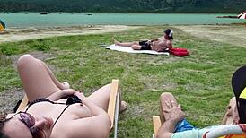 Voyeur jerks off on beach while I touch myself