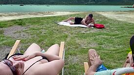 Voyeur jerks off on beach while I touch myself