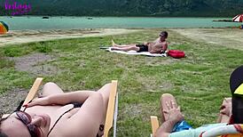 Voyeur jerks off on beach while I touch myself