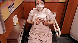 Look at this chubby milf masturbating in the store toilet!