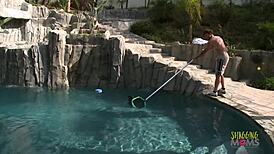 Attractive MILF Enjoys Poolside Fun with Young Helper