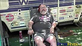 Danny Wilcoxx bends over Asian jock Levy Foxx for bareback anal breeding and riding.