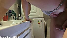 Horny Neighbor Visits During Husband's Work Shift for Rough Bathroom Fun