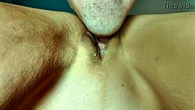 Milf's big pussy lips get licked wet and slobbery in close-up cunnilingus, she moans