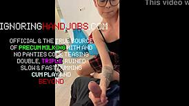 nerdy blonde secretary in glasses plays with big cock guy. she fills bottle with his cum.