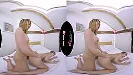 Shemale in heels bends teen girl over