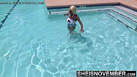 chilling at the pool, stripping down to show off my cute ebony bubble butt jiggling naked