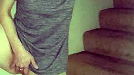 Redhead Wife Rubs Shaved Pussy On Stairs For Cum