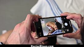 Horny gay doctor examines his patient in the office.