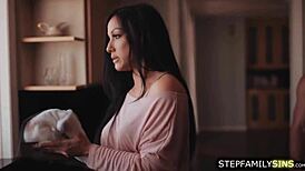 Brunette Stepmom Gives Stepson Blowjob And Handjob