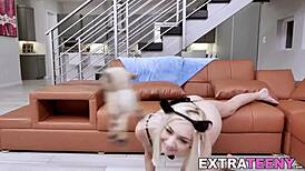 Petite Blonde In Kitty Catsuit Bent Over For Hardcore Blowjob And Monster Cock Ramming