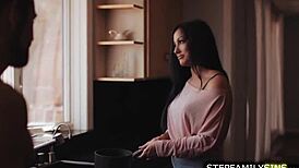 Brunette Stepmom Gives Stepson Blowjob And Handjob