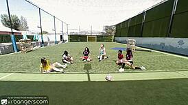 Horny babes seducing soccer coach suggestively