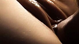 she begged for cum inside, dripping wet as he finished on her shaved body