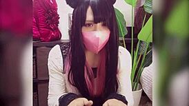 Beautiful Japanese ladyboy in thong masturbates on stream